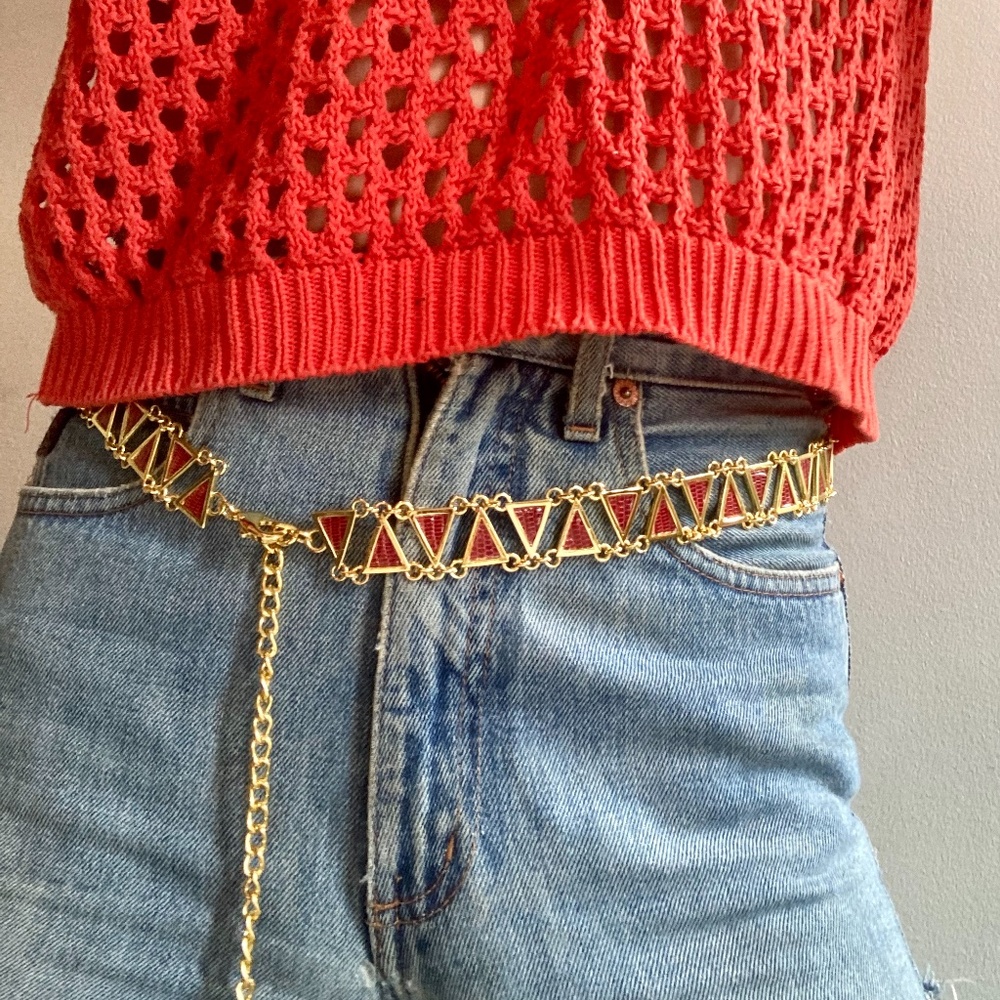 WCM Red Genuine Lizard Inlayed Triangle Chain Belt